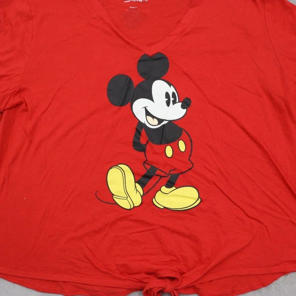 Disney Shirt Women XXL Red Mickey Mouse Graphic Print V Neck Tie Front Crop Tee - Picture 6 of 13